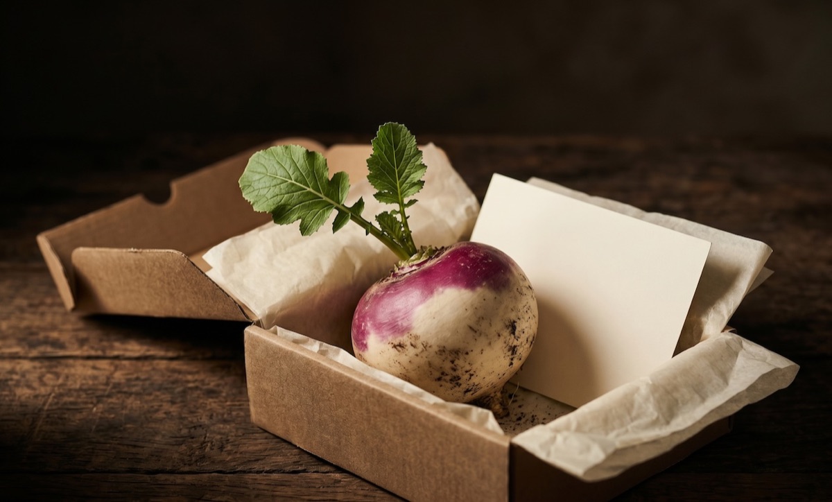 Um nabo verdadeiro, com terra e folhas, dentro de uma caixa de cartão kraft ao lado de um postal.